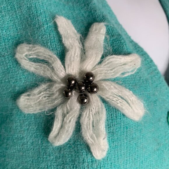 Embroidered Knit Cardigan Sweater M Blue Green Buttons V Neck Yarn Flowers Beads - Picture 4 of 5